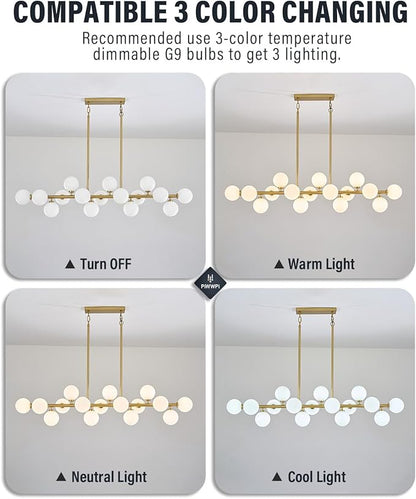 55" Long Brass Gold Chandeliers for Dining Room Kitchen Island, Large Globe Sputnik Linear Chandelier, 16 Lights Mid Century Modern Light Fixture Over Table, Milk White Bubble, GC-08