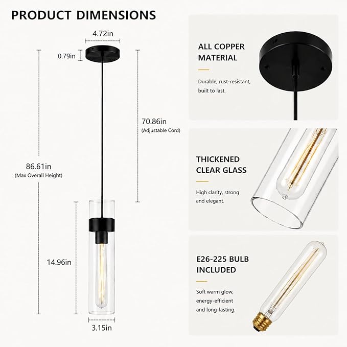 Modern Glass Black Pendant Lights Kitchen Island, Adjustable Cord Pendant Light Fixtures,Kitchen Pendant Lighting Over Island,Indoor Chandeliers for Bedroom Bathroom, Included Bulb