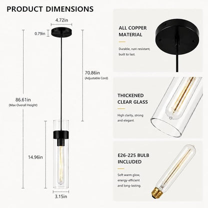Modern Glass Black Pendant Lights Kitchen Island, Adjustable Cord Pendant Light Fixtures,Kitchen Pendant Lighting Over Island,Indoor Chandeliers for Bedroom Bathroom, Included Bulb