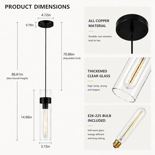 Modern Glass Black Pendant Lights Kitchen Island, Adjustable Cord Pendant Light Fixtures,Kitchen Pendant Lighting Over Island,Indoor Chandeliers for Bedroom Bathroom, Included Bulb
