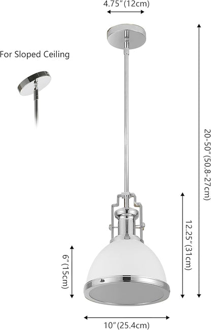 JONATHAN Y 10" Chrome/White Modern Industrial Iron LED Dome Pendant Light, Adjustable Hanging Fixture for Kitchen Island or Entryway, White Metal Shade, LED Bulb Included (JYL9535C)