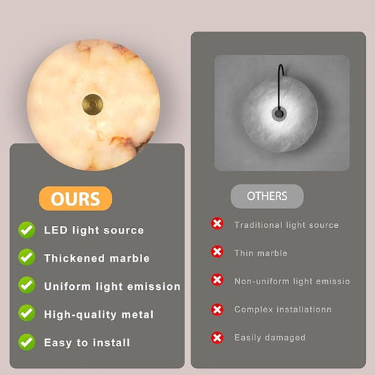 9.84 Inch Round Natural Alabaster Wall Sconce Marble Stone Light Decor for Wall, Dimmable 3CCT Hardwired Circular Sconce LED Modern Wall Lamp for Bedroom, Living Room, Bedside, Hallway (Gold)