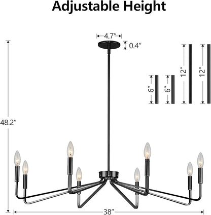 38" Black Chandeliers for Dining Room, 8-Light Modern Farmhouse Candle Style Chandelier, Industrial Hanging Ceiling Light Fixture for Living Room, Kitchen Island, Living Room