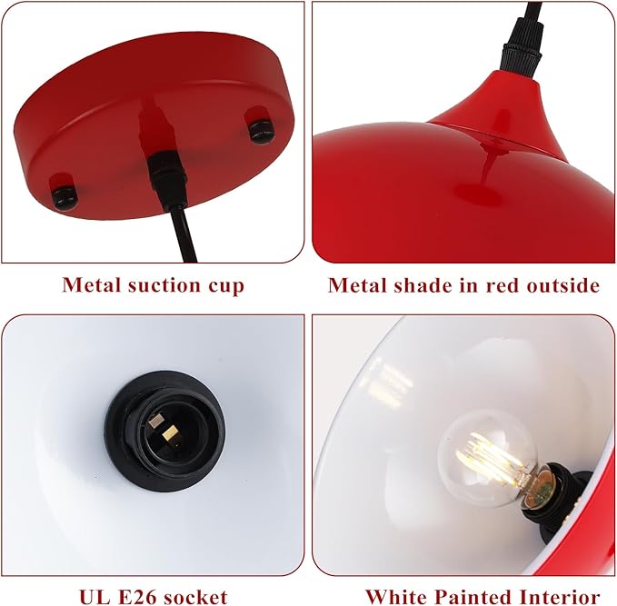 9.8 inch Modern Farmhouse Pendant Lights Kitchen Island 3 Pack, Red Dome Pendant Lights, Vintage Industrial Kitchen Pendant Lighting, Island Lights for Kitchen, Dining Room