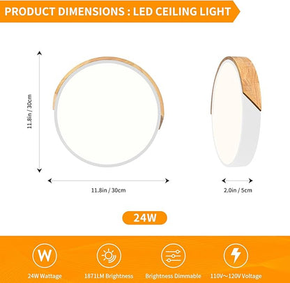 Modern Dimmable White Flush Mount Ceiling Light Wood Close to Ceiling Lights for Bedroom Round LED Ceiling Lamp Lighting Fixture for Hallway Kitchen Laundry Room(11.8in)