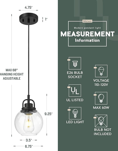 Pendant Lights Kitchen Island, 7" Matte Black Pendant Light Fixtures Over Island with Globe Clear Glass Shade, Farmhouse Hanging Lights for Dining Room Entryway, PL125-MB-1PK