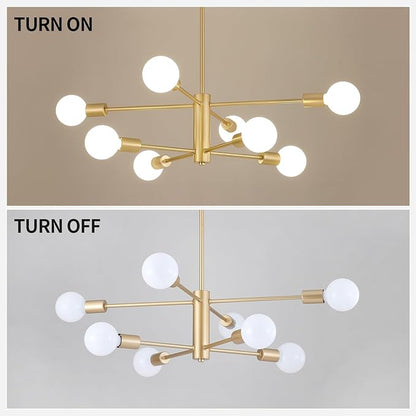 AMZASA Gold Sputnik Chandelier 8 Light Modern Industrial Mid Century Modern Light Fixture for Dining Room Kitchen Living Room Entryway Bedroom Plating Shining Gold Finished UL Listed