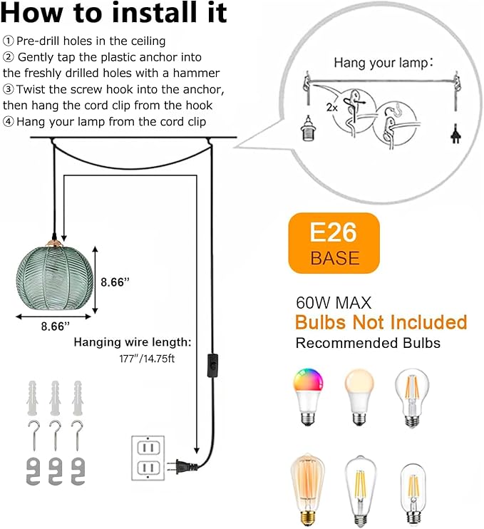 Plug in Pendant Lighting, 8.6" Green Glass Pendant Light Plug in Hanging Light Fixture with Cord, Mid Century Modern Hanging Lamp for Living Room Bedroom Dining Room Kitchen