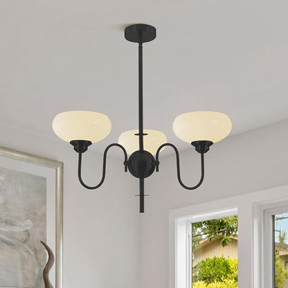 BOKT 3 Light French Chandeliers for Dining Room, Black Farmhouse Chandelier for Bedroom, Small Chandelier with Milk White Bowl Glass Shades