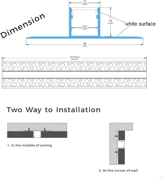 6Pack 6.6FT/2 Meter Plaster-in LED Drywall Aluminum Channel with Flange for 12mm Strip Lights, Recessed Aluminium LED Profile with Clip-in Diffuser and End Caps