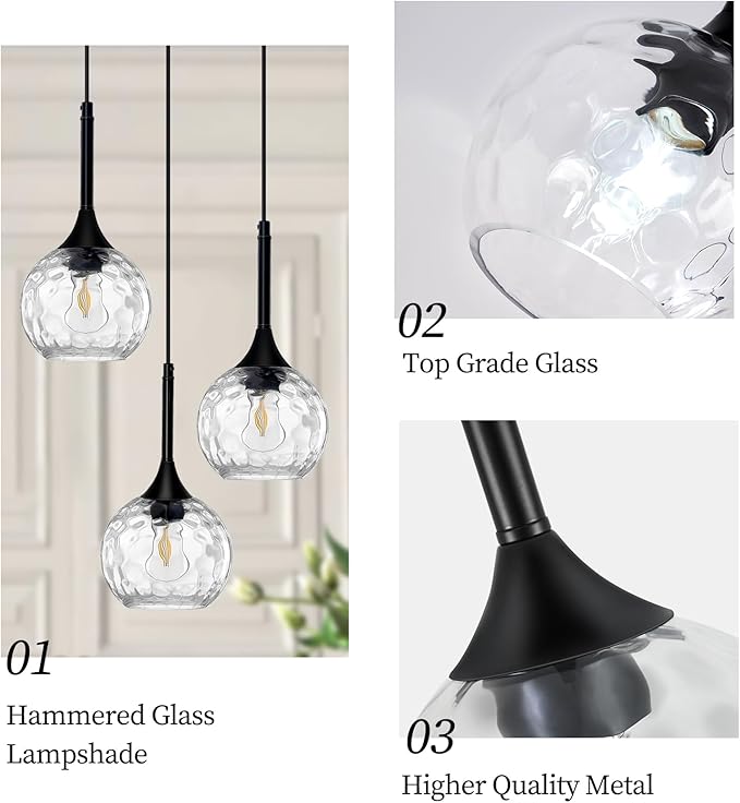 3 Light Pendant Lighting: 5.91'' Glass Pendant Lights Kitchen Island with Hammered Glass & Black Finish - Modern Minimalist Hanging Light Fixture for Kitchen Sink Dining Room - E26 Base