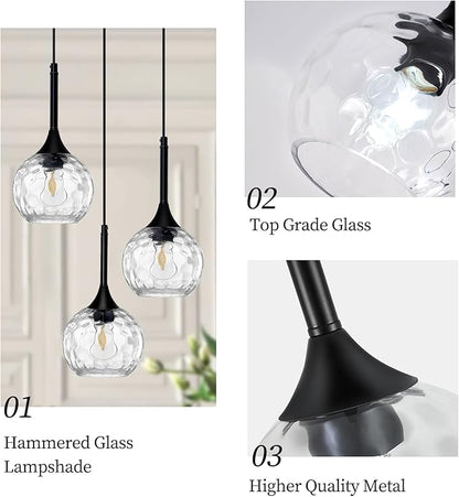 3 Light Pendant Lighting: 5.91'' Glass Pendant Lights Kitchen Island with Hammered Glass & Black Finish - Modern Minimalist Hanging Light Fixture for Kitchen Sink Dining Room - E26 Base