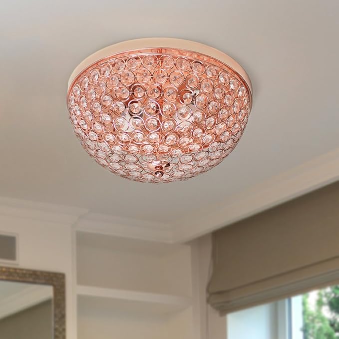 Elegant Designs FM1000-RGD-2PK Elipse Crystal 13 Inch Modern Metal 2 Light Bowl Shaped Ceiling Flush Mount Fixture 2 Pack, Rose Gold