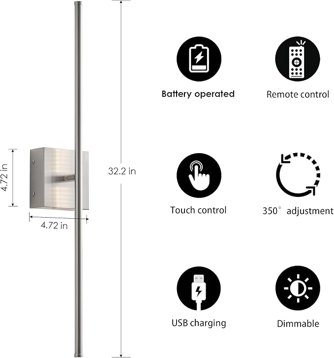 KARTOOSH Battery Operated Wall Sconces with Remote Control, Dimmable Wall Sconces Set of Two, 350°Rotate, 3000K LED Nickel Wireless Wall Light for Living Room, Hallway, Bedroom, 32.2 Inch (2 Pack)