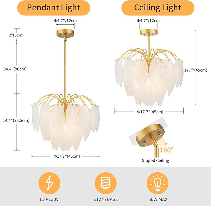LumFurn 6-Light Gold Chandeliers, Modern 3-Tier Pendant Light Fixture for Dining Room, Living Room, Adjustable Height 19~51", Frosted Feather-Shaped Glass Shade & Brass Finish Frame