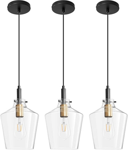 Modern Glass Pendant Light for Kitchen Island 3 Pack, Farmhouse Black and Gold Pendant Light Fixtures, Adjustable Hanging Ceiling Light, Angled Clear Glass Shades 8 Inch