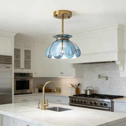 Vintage Brass Ceiling Pendant Light with Stained Lotus Flower Stained Glass Shade,Oriental Hanging Lamp or Wall Sconces Dual-Purpose, for Kitchen Island Dining Room Bedroom Living Room-7.9" Shade