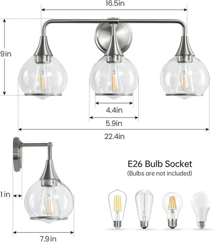 Brushed Nickel Bathroom Vanity Light 3 Lights Bathroom Light Fixtures Over Mirror with Clear Glass Shade 22.4 inch Wall Sconces Lighting Bath(Exclude E26 Bulb)