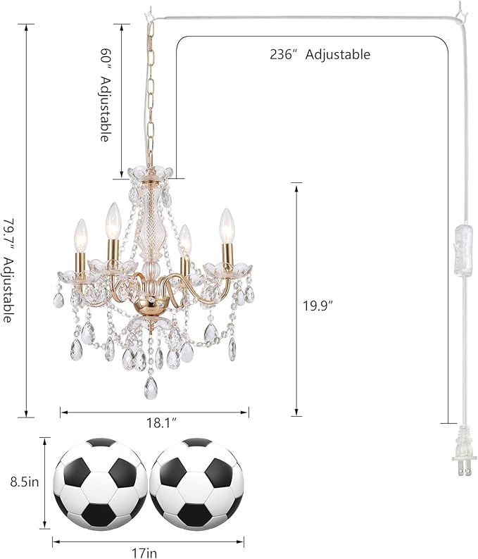 AMZASA Plug in Crystal Chandelier,French Country Gold Crystals Chandelier Pendant Lighting, 4 Light Glass Crystal Light for Living Room, Wedding, Island, Bedroom, Hallway,Foyer,Electroplating
