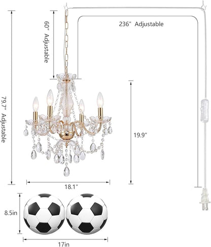 AMZASA Plug in Crystal Chandelier,French Country Gold Crystals Chandelier Pendant Lighting, 4 Light Glass Crystal Light for Living Room, Wedding, Island, Bedroom, Hallway,Foyer,Electroplating