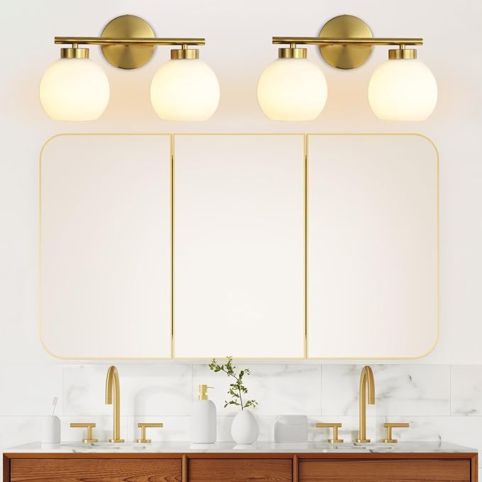 2 Light Bathroom Vanity Light, Gold Bathroom Light Fixtures Over Mirror, Mid Century Modern Wall Sconce with Frosted Globe Glass Shades, Brass Vanity Light, E26 Socket