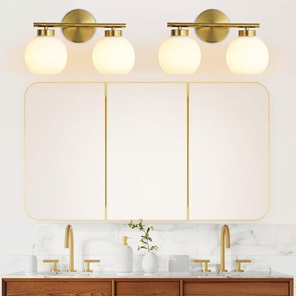 2 Light Bathroom Vanity Light, Gold Bathroom Light Fixtures Over Mirror, Mid Century Modern Wall Sconce with Frosted Globe Glass Shades, Brass Vanity Light, E26 Socket