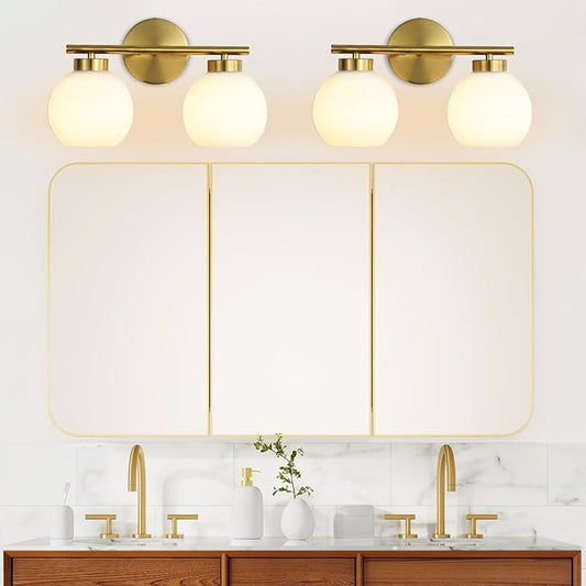 2 Light Bathroom Vanity Light, Gold Bathroom Light Fixtures Over Mirror, Mid Century Modern Wall Sconce with Frosted Globe Glass Shades, Brass Vanity Light, E26 Socket