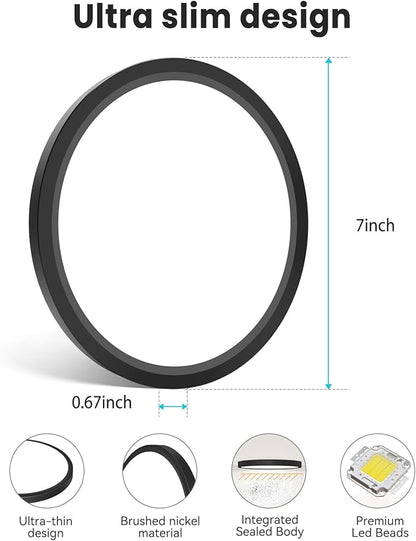 libtit 7 inch Flush Mount LED Ceiling Light Fixture, 3000K-6500K Adjustable, 15W 1500lm Black Satin Round Ceiling Lamp for Bathroom Hallway Kitchen Bedroom, 2 Pack