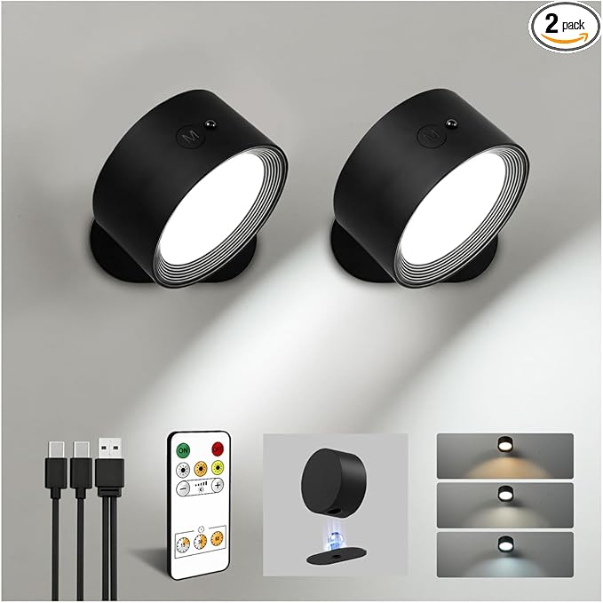 LED Wall Mounted Lights, Rechargeable Wall Sconces Lamp, 3 Color Temps & Remote and Touch, 360°Rotation Dimmable Cordless Wall Light for Study Bedroom Reading Bedside(Black, 2 Pack)