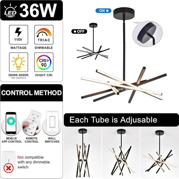 Modern Black Chandeliers Ceiling 36W LED Pendant Light Embedded Mount Chandeliers，LED 6-Lights Linear Pendant Light for Kitchen Island Dining Room Bedroom Living Room Entryway，L23.62"*0.59"/6