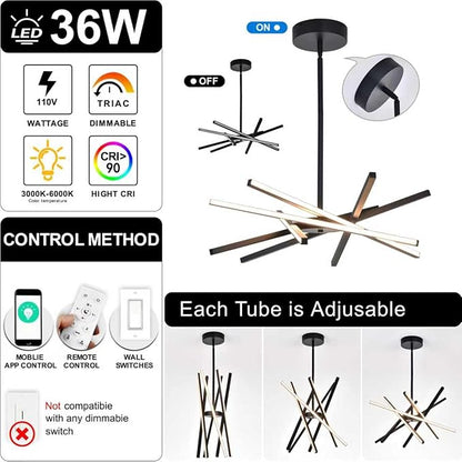 Modern Black Chandeliers Ceiling 36W LED Pendant Light Embedded Mount Chandeliers，LED 6-Lights Linear Pendant Light for Kitchen Island Dining Room Bedroom Living Room Entryway，L23.62"*0.59"/6