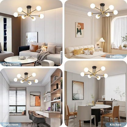 Biewalk Sputnik Ceiling Light Fixture 6 Light Sputnik Chandeliers, Black and Gold Chandelier Light Fixture with Milk White Glass Shade for Living Room Kitchen Bedroom Dining Room (E26 Bulb Excluded)