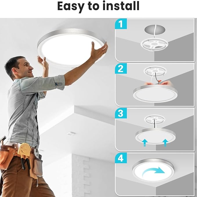 libtit 12 inch Flush Mount LED Ceiling Light Fixture, 3000K 4000K 6500K Adjustable, 28W 3200lm Brushed Nickel Satin Round Lighting Fixtures for Bathroom Shower Hallway Kitchen, 6 Pack