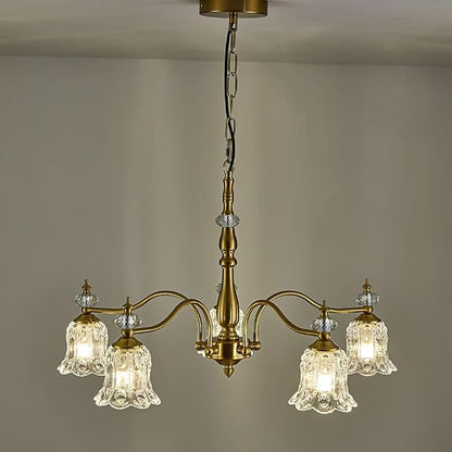 5 Lights Vintage Gold Chandelier, Elegant Rustic Chandeliers Glass Pendant Light Fixture for Dining Room Kitchen Living Room Bedroom