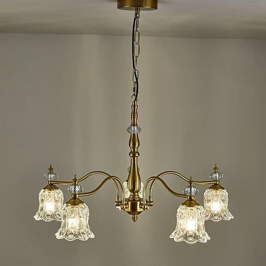 5 Lights Vintage Gold Chandelier, Elegant Rustic Chandeliers Glass Pendant Light Fixture for Dining Room Kitchen Living Room Bedroom
