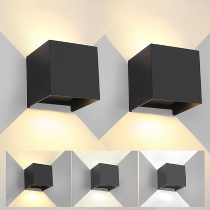 2 Pack LED Outdoor Wall Lights Exterior/Interior 3 Colors Adjustable 15W Wall Light Fixture IP65 Waterproof Porch Exterior Wall Sconce Modern Outdoor Lighting Square Aluminum Black Up and Down Lights