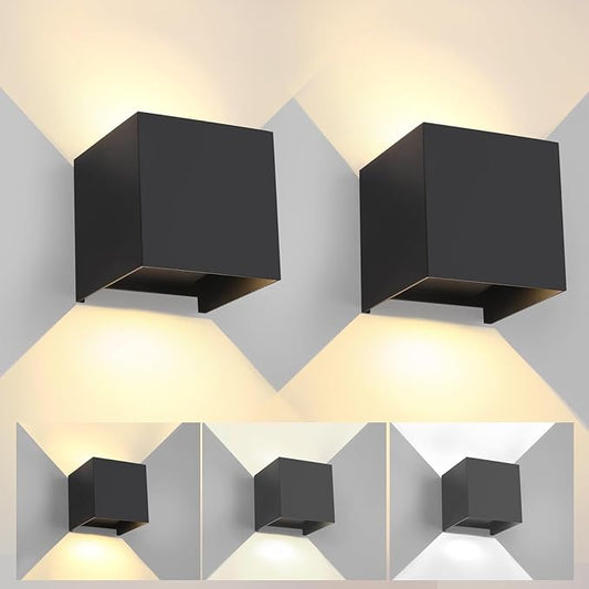 2 Pack LED Outdoor Wall Lights Exterior/Interior 3 Colors Adjustable 15W Wall Light Fixture IP65 Waterproof Porch Exterior Wall Sconce Modern Outdoor Lighting Square Aluminum Black Up and Down Lights
