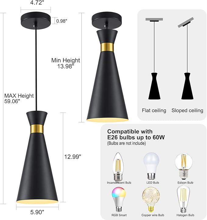2026 New Black Gold Pendant Lights Kitchen Island Lights for Kitchen, 5.9"W Small Modern Island Lighting Fixtures 1-Light Single Farmhouse Adjustable Hanging Pendant Light Fixtures for Bar Sink, 13“H