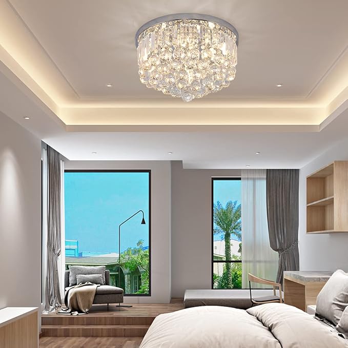 Modern K9 Crystal Raindrop Chandelier Lighting, Flush Mount G9 Base Ceiling Light Fixture Pendant Lamp for Dining Room Bedroom Livingroom Required Height 11''x Width 16''(Chrome)