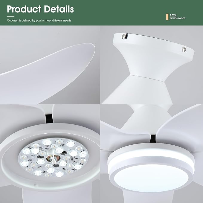 Kviflon 46 inch Ceiling Fans with Lights and Remote/APP Control, Modern Flush Mount Ceiling Fans with 5 Reversible Blades 6 Speeds, 3 CCT Dimmable+Ring Lights for Bedroom Kids Room, White