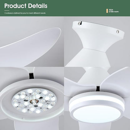 Kviflon 46 inch Ceiling Fans with Lights and Remote/APP Control, Modern Flush Mount Ceiling Fans with 5 Reversible Blades 6 Speeds, 3 CCT Dimmable+Ring Lights for Bedroom Kids Room, White
