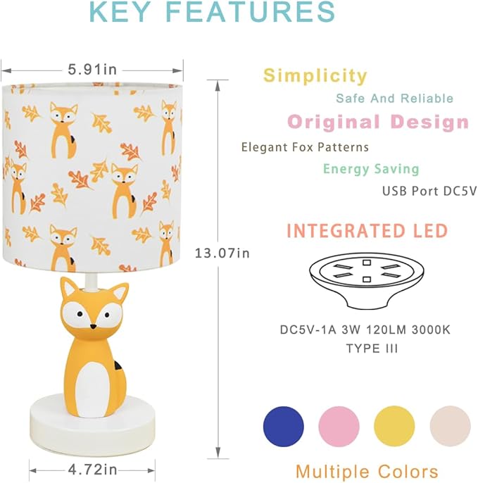 Fox LED Table Lamps with USB Port DC5V,Set of 2,Orange Kids Table Lamp,Night Light for Kids Room,Nursery,Bedroom,Kitchen Counter,Gameroom,Φ5.91×H12.88IN,Hand-Made