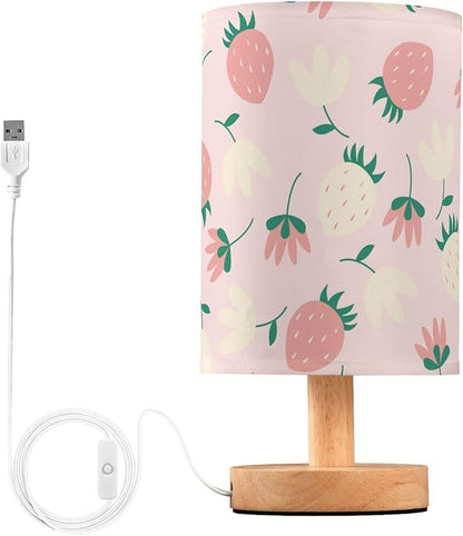 Bedside Table Lamp Cute Strawberry Floral Nightstand Lamp with Wood Fruits Flower Pink Desk Lamps for Bedroom Living Room Nursery Office Home Decor