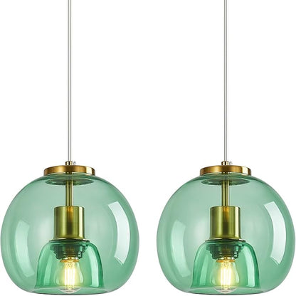 Light Green Glass Pendant Lights Kitchen Island Gold Hanging Light Fixture Glass Globe Pendant Light Modern Pendant Lighting for Kitchen Island Bedroom Dining Room (7.87", 2 Pack)
