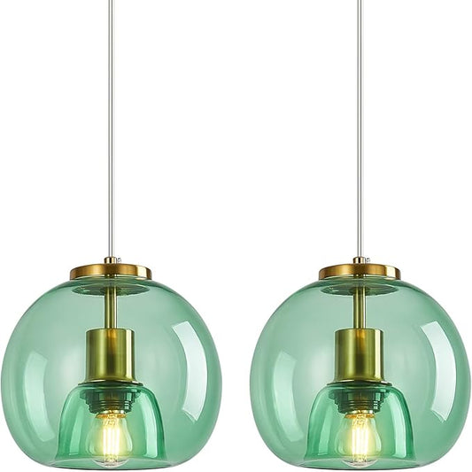 Light Green Glass Pendant Lights Kitchen Island Gold Hanging Light Fixture Glass Globe Pendant Light Modern Pendant Lighting for Kitchen Island Bedroom Dining Room (7.87", 2 Pack)