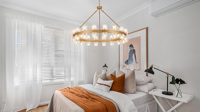 36 Inch Glod Wagon Wheel Chandelier with 36 Lights Crystal Shade, Modern Farmhouse Round High Ceilings Pendant Light Fixture for Living/Dining Room, Kitchen, Bedroom, Foyer