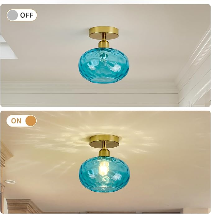Luafac Blue Glass Semi Flush Mount Ceiling Light - 2 Pack,7.9 Inch Hammered Glass Small Hallway Light fixtures, Vintage Gold Art Deco Flush Mount Ceiling Light for entryway Foyer Laundry Room Kitchen