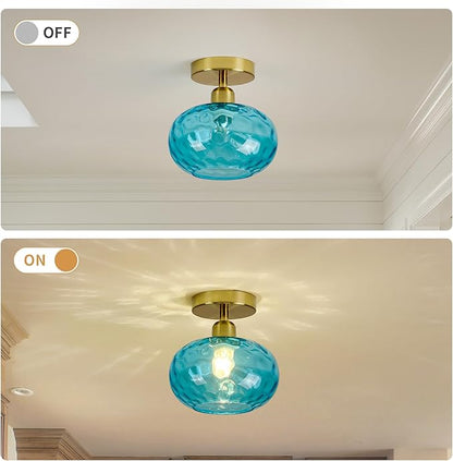 Luafac Blue Glass Semi Flush Mount Ceiling Light - 7.9 Inch Hammered Art Deco Glass Small Hallway Light fixtures, Vintage Gold Flush Mount Ceiling Light for entryway Foyer Laundry Room Kitchen