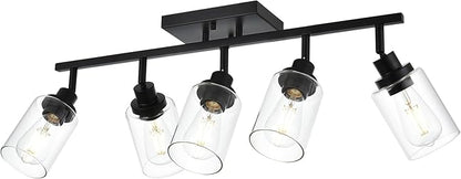 5-Light Track Lighting Kit Black Track Lighting Fixtures Bathroom Wall Sconces Ceiling Mount Kitchen Tracking Lights, Rotatable Spotlight with Clear Glass Shade for Kitchen Shop Hallway