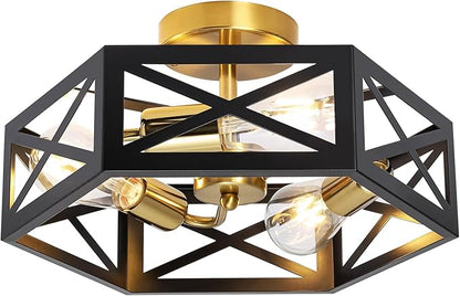 Semi Flush Mount Ceiling Light, Black and Gold Light Fixtures Ceiling Mount with Hexagon Cage, Metal Industrial Close to Ceiling Light for Hallway, Kitchen, Bedroom (Black and Gold, 14.56''L)